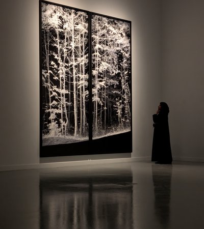 A shadow of a women dressed in Abaya looking at a large scale photography art of trees