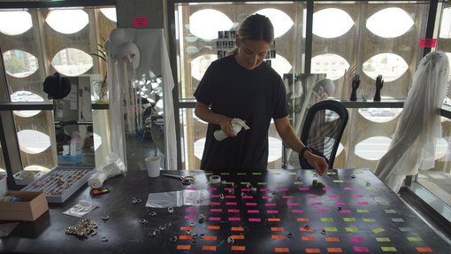 Federica Visani working in her studio at the Fire Station.