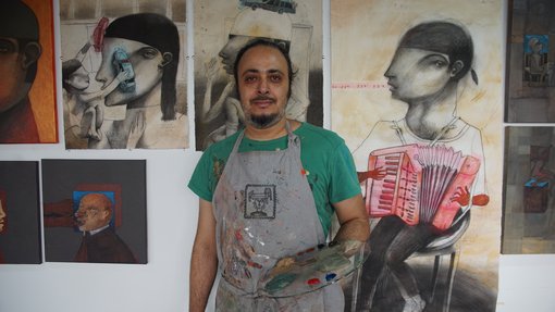 Artist Hassan Manasrah in his studio in 2019.