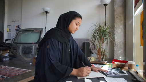 Artist Sara Al-Fadaaq in her studio at the Fire Station.