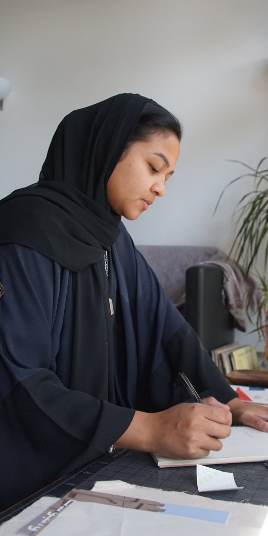 Artist Sara Al-Fadaaq in her studio at the Fire Station.