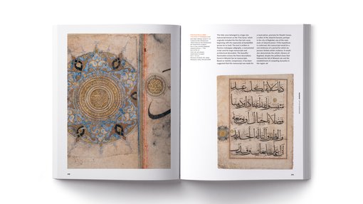 Two open pages of a book showing one of MIA's masterpiece manuscript page of a Quran