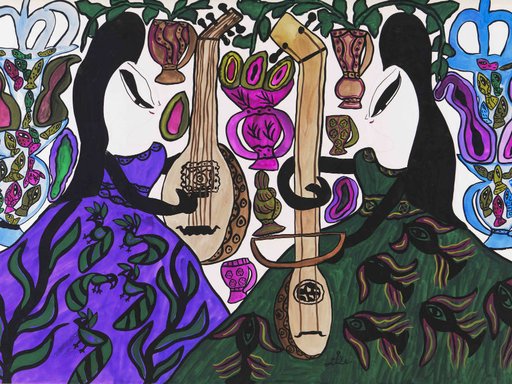 Les deux musiciennes, 1966 Gouache and graphite on paper at Mathaf showcases Baya Mahieddine's abstract painting.