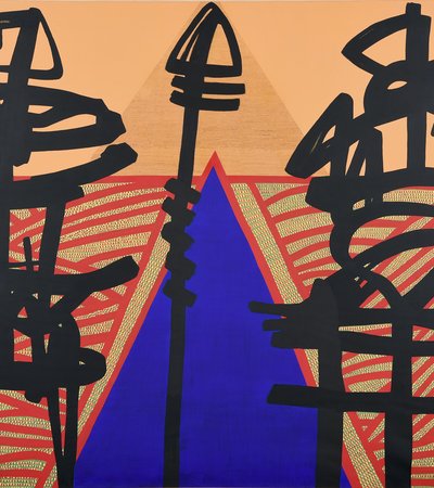 Abstract drawing with a blue triangle in the middle and prominent red and black line drawings on top.