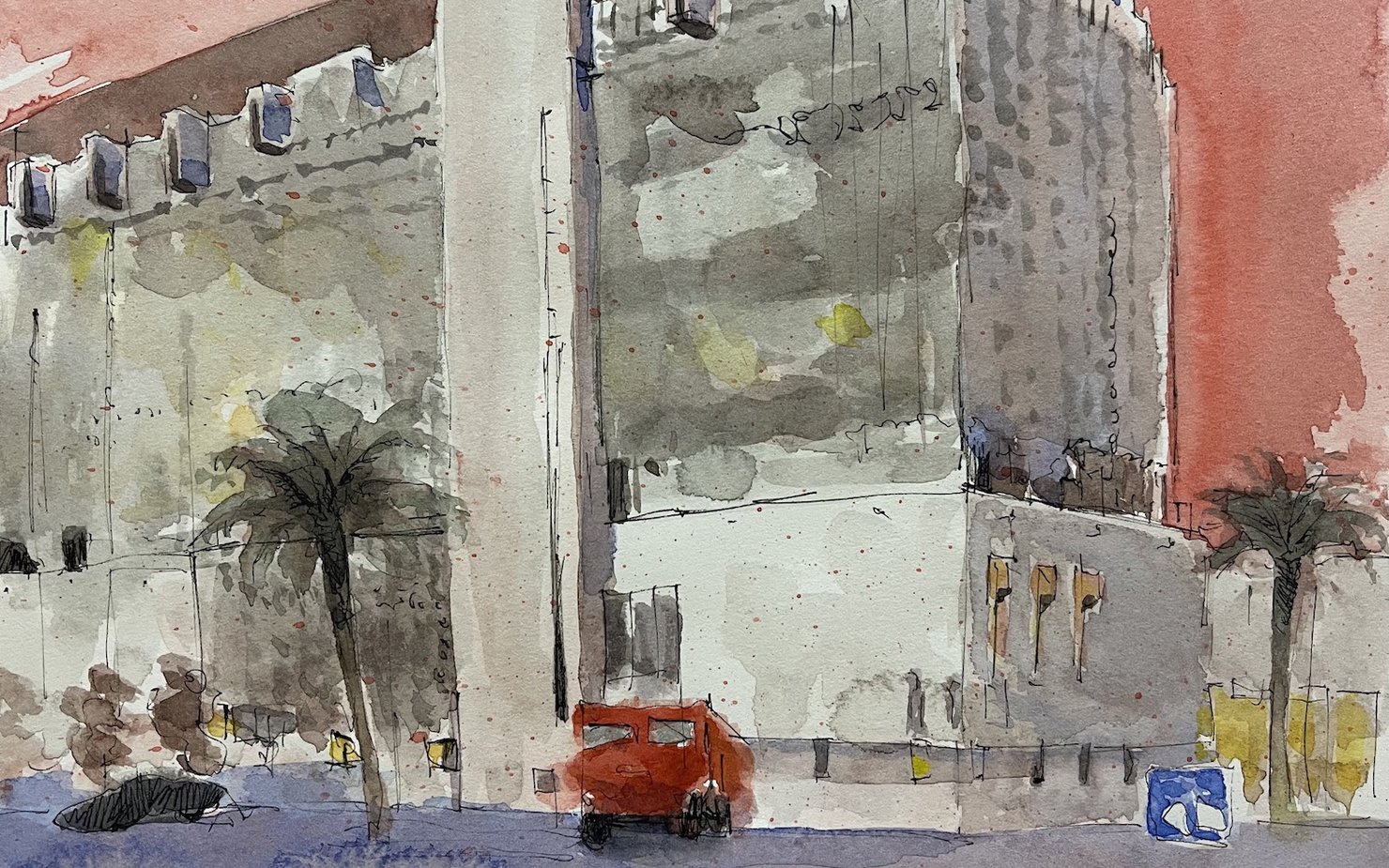 Watercolour drawing of Qatar Museum's Firestation