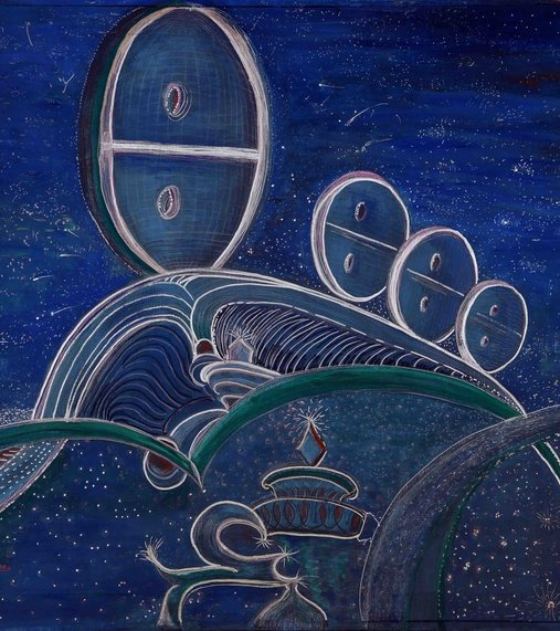 A painting with a deep blue background, circular images and featuring the Arabic letter 'ain' in the bottom center.