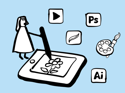 Blue banner depicting a cartoon figurine drawing on a digital art board