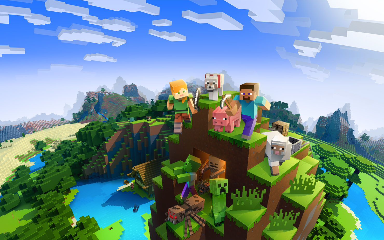 A group of cartoon characters on top of a mountain, behind them is a big lake.