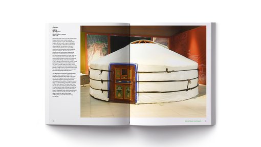 A spread showing an image of a tent showcased at the On the Move exhibition