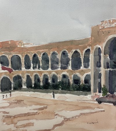 Watercolour painting of Qatar Preparatory School depicting an arcade columns adjacent to a courtyard