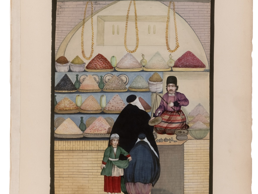 Image of a manuscript depicting figures purchasing items in a spice market