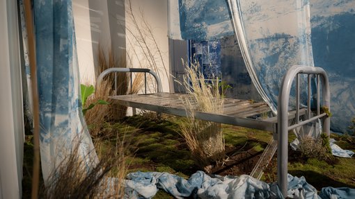 metal bed frame with hay and fabric hanging