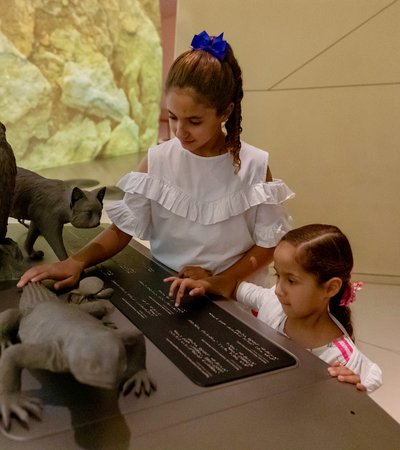 Two children use tactile accessible information panels at NMoQ