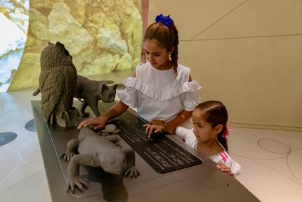 Two children use tactile accessible information panels at NMoQ