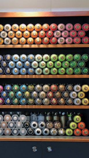 Interior of an artist supply shop with shelving, graphic signage and a rear wall displaying multiple rows of acrylic tubes of paint