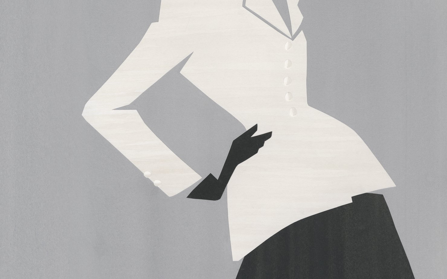 Drawing of a female silhouette dressed in a white fitted jacket, black gloves, a black skirt, a straw-colored hat