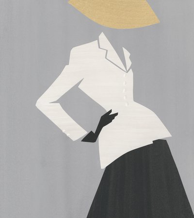 Drawing of a female silhouette dressed in a white fitted jacket, black gloves, a black skirt, a straw-colored hat