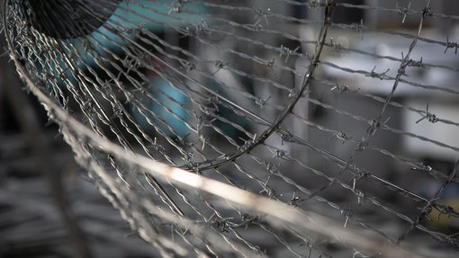 Detail of steel barbed wire sculpture, Exile, by Majdulin Nasrallah