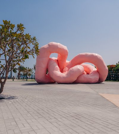 Large welded aluminium abstract bright pink sculpture