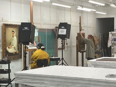 Interventive treatment of paintings in the Mathaf conservation laboratory. Photo: Courtesy of Mathaf Conservation Archives.