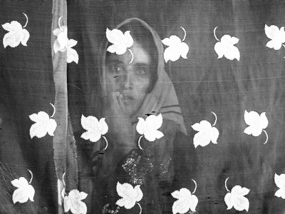 A black and white photo of a woman standing behind a length of patterned fabric.