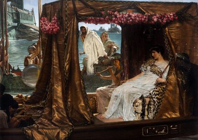 Painting of a woman on a boat, being serenaded as others try to catch a glimpse of her.