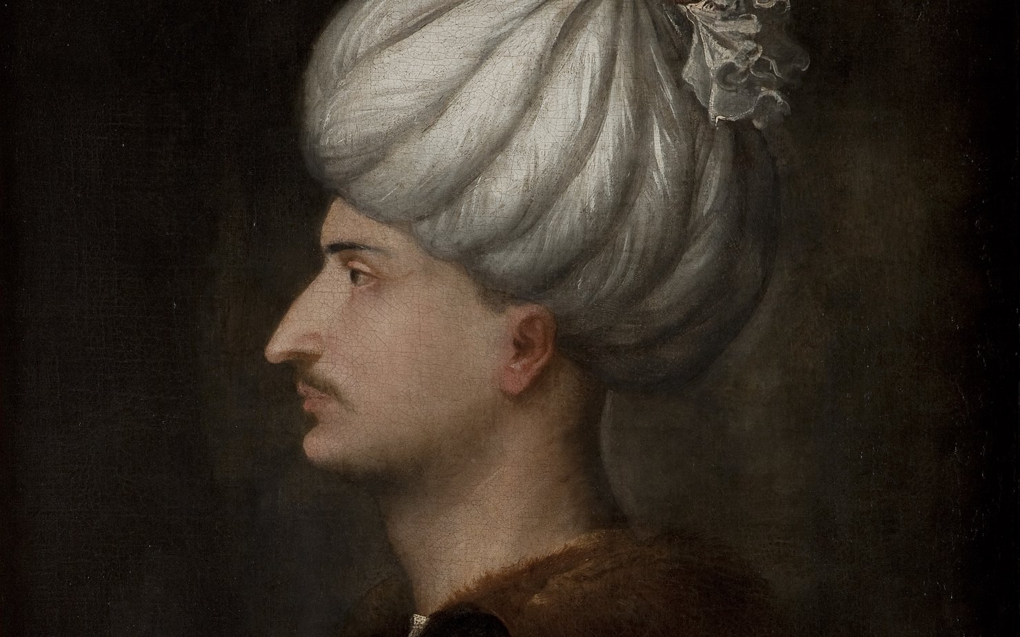 An oil painting of a mustached man in side profile, with a white turban.