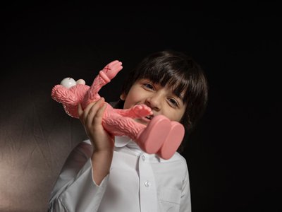 A young child holds up a bright pink 'cartoon' figurine.