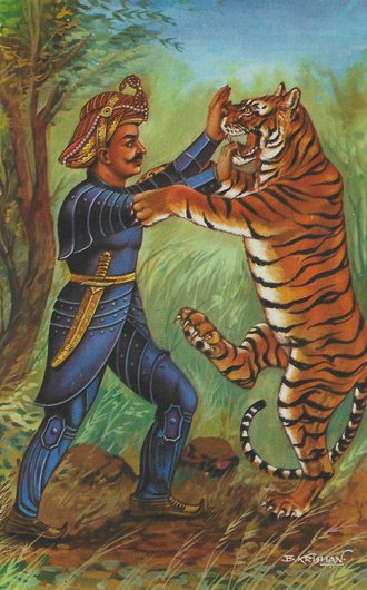 Image of a man fighting a tiger.