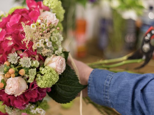 flowers with a hand reaching towards it