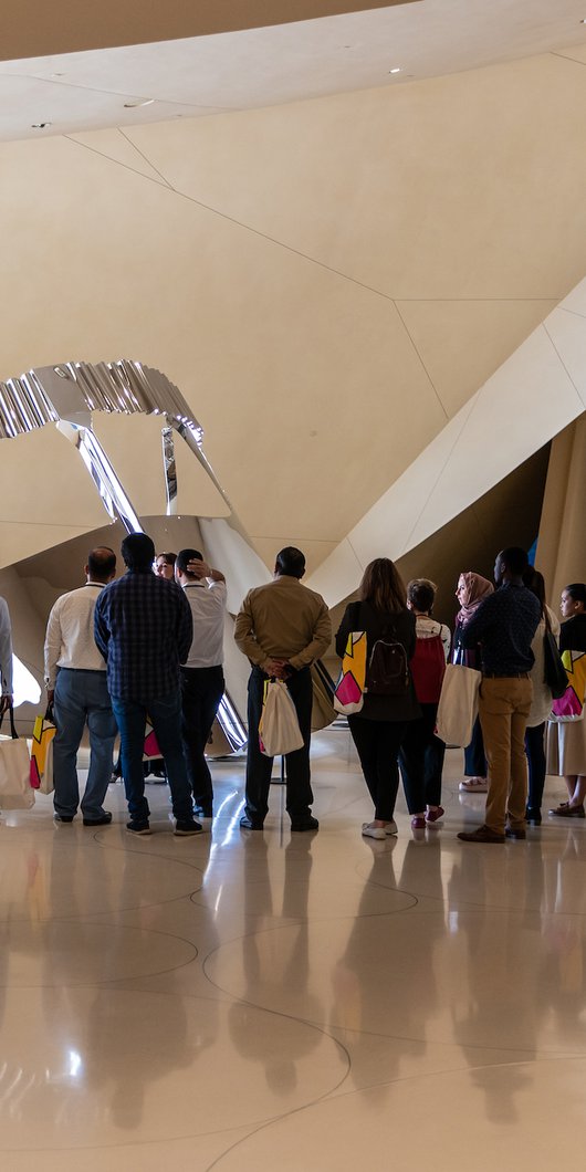 Public art display of a batoola at the National Museum of Qatar