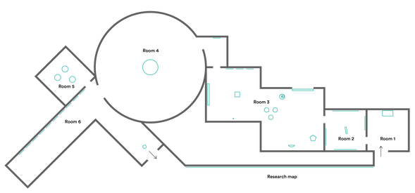 A schematic floorplan of the exhibition's indoor galleries