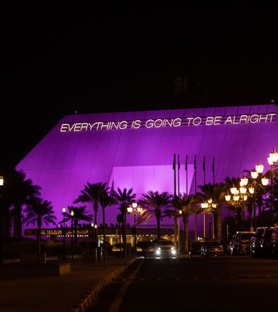 Martin Creed's neon lettering spelling out "Everything is Going to be Alright" installed outside the Al Majlis Hall in the Sheraton.