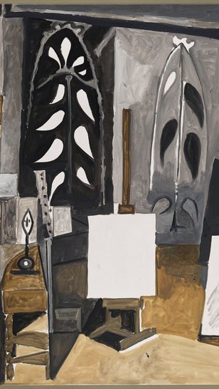 A painting of one of Picasso's studios, it's painted in neutral colors.