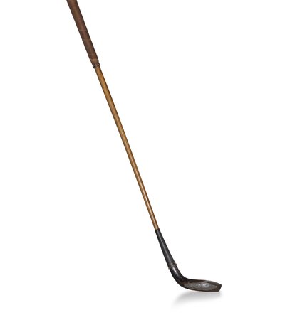 A golf putter with a silver club and a bronze handle.