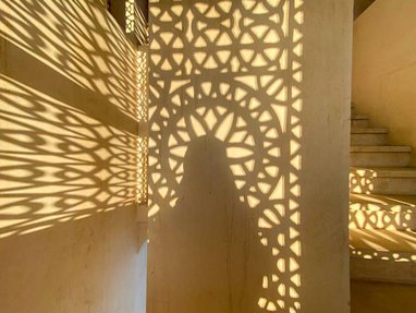 A woman's silhouette is shown within shadows from a carved window detail, cast across interior walls.