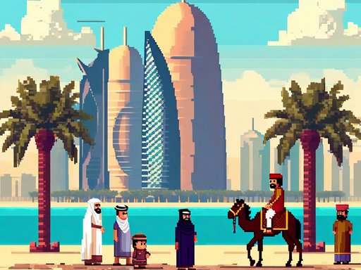 Pixelated image of cartoon figurines against a background of Dohas skyline